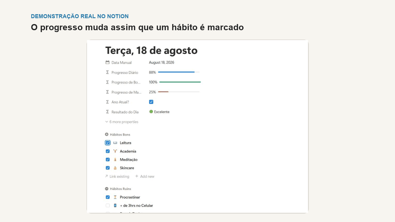 Gravação real mostrando hábitos com ícones e o progresso diário recalculado