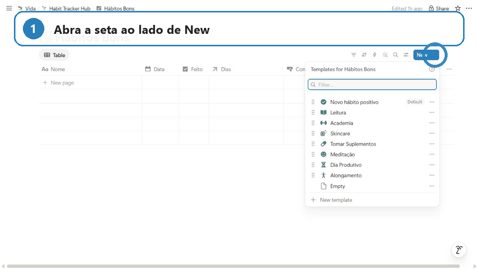 Gravação real mostrando a personalização de um hábito no Notion